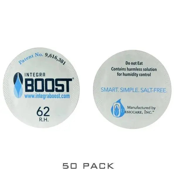 Two round Integra Boost Humidity Cap Packs 45mm 62% for humidity control in dispensary jars, featuring usage instructions and manufacturer info. 50 PACK is displayed below. Brand: Integra Boost.